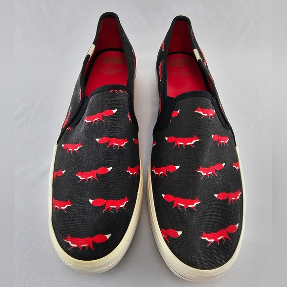 Keds Kate Spade Fox Trot Print Slip-On Sneakers 9.5 Black Red Platform Adorable - Picture 1 of 10